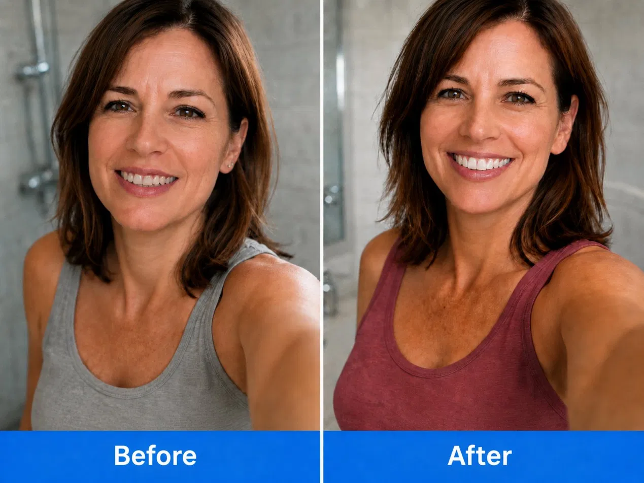 A customer's smile before and after using LuminoTeeth