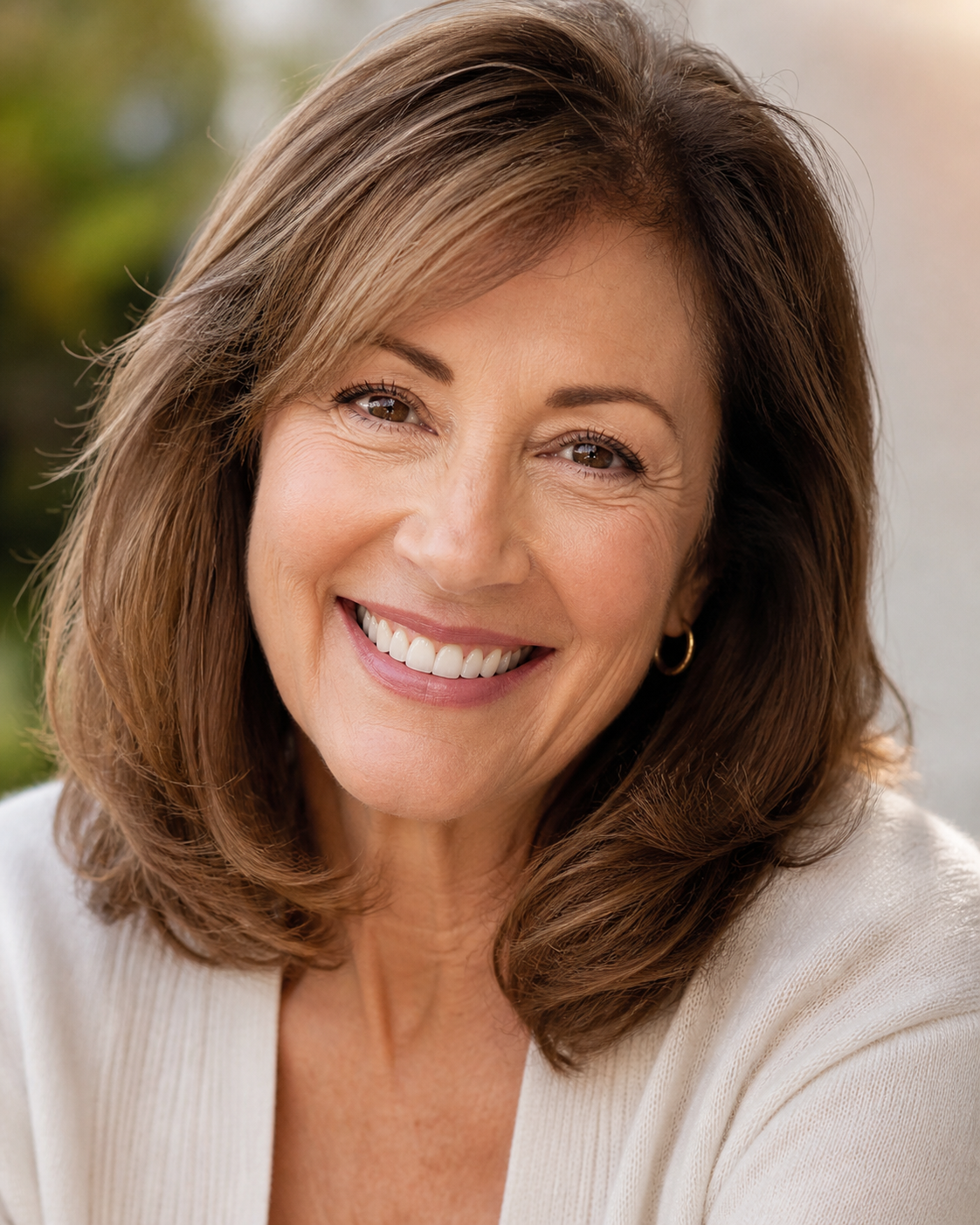 A woman smiling naturally in soft daylight