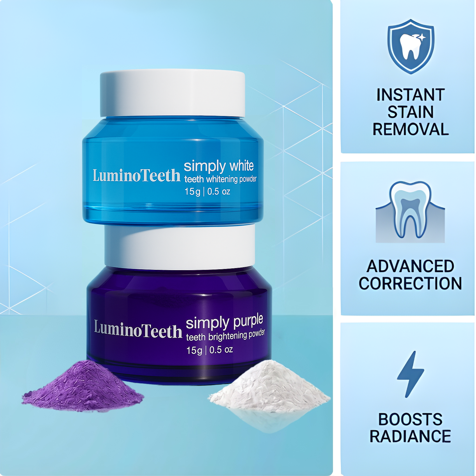 The LuminoTeeth Simply White and Simply Purple jars