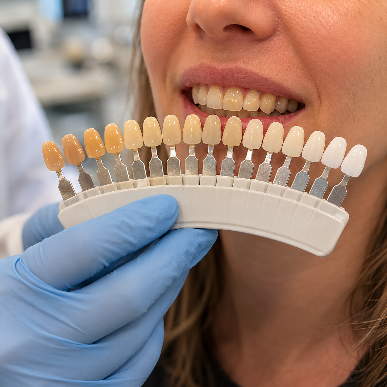 A dentist matching a shade guide to a patient's teeth