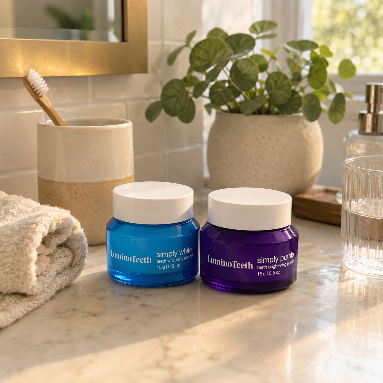 The LuminoTeeth jars alongside everyday skincare products